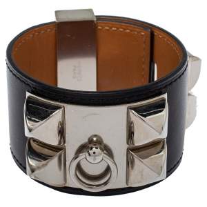 Pre Owned Hermès Collier de Chien Black Leather Palladium Plated Wide Bracelet S