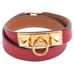 Pre Owned Hermès Red Leather Rivale Double Tour Bracelet S
