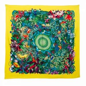 Pre Owned Hermès Yellow Heart of Life Printed Silk Square Scarf