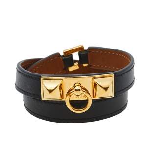 Pre Owned Hermès Rivale Double Tour Black Leather Gold Plated Bracelet S