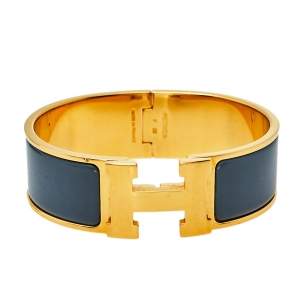 Hermès Clic Clac H Grey Enamel Gold Plated Wide Bracelet PM