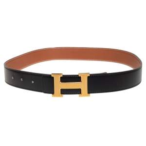 Pre Owned Hermes Black/Gold Box Calf and Togo Leather Groove H Buckle Reversible Belt 80CM