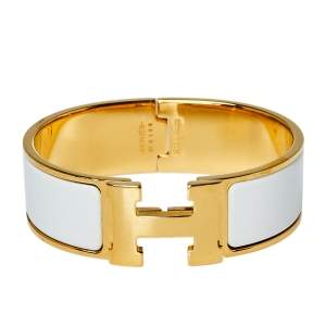 Pre Owned Hermès Clic Clac H White Enamel Gold Plated Wide Bracelet