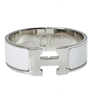 Pre Owned Hermès Clic Clac H White Enamel Palladium Plated Wide Bracelet PM 