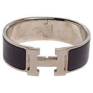 Pre Owned Hermès Clic Clac H Purple Enamel Palladium Plated Wide Bracelet PM