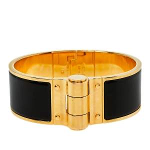 Pre Owned Hermes Charniere Gold Plated Black Enamel Uni Wide Hinged Bracelet S