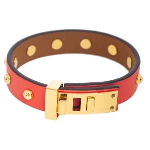 Pre Owned Hermes Orange Leather Gold Plated Mini Dog Clous Ronds Bracelet Size T2