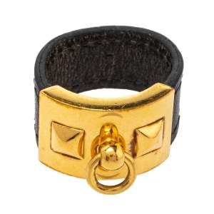 Pre Owned Hermes Collier De Chien Gold Plated and Black Leather Band Ring Size EU 61