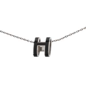 Pre Owned Hermès Black Lacquer Palladium Plated Pop H Pendant Necklace