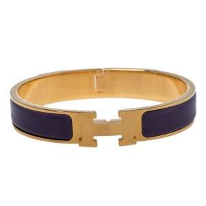 Pre Owned Hermès Clic H Purple Enamel Gold Plated Narrow Bracelet PM