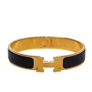 Pre Owned Hermès Clic H Black Enamel Gold Plated Narrow Bracelet PM