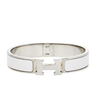 Pre Owned Hermès Clic H White Enamel Palladium Plated Narrow Bracelet PM 