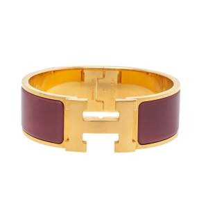 Pre Owned Hermès Clic Clac H Purple Enamel Gold Plated Wide Bracelet PM