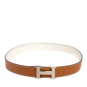Pre Owned Hermes White/Natural Chamonix and Epsom Leather H Gris Moyen Reversible Belt 90CM