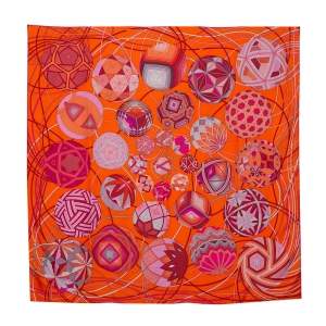 Pre Owned Hermes Orange Printed Nwt Auth Paris "l'art Du Temari"  Square Silk Scarf