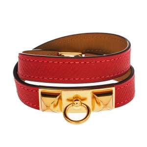 Pre Owned Hermes Rouge Casaque Epsom Leather Gold Plated Rivale Double Tour Bracelet S