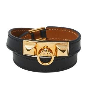 Pre Owned Hermès Black Leather Rivale Double Tour Bracelet S