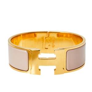 Pre Owned Hermes Clic Clac H Cream Enamel Gold Plated Wide Bracelet PM