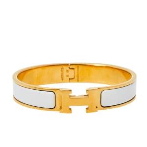 Pre Owned Hermès Clic H White Enamel Rose Gold Plated Narrow Bracelet PM