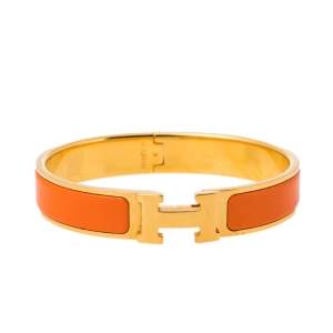 Pre Owned Hermès Clic H Orange Enamel Gold Plated Narrow Bracelet PM