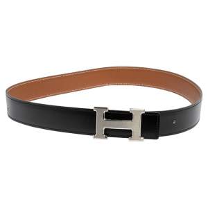 Pre Owned Hermes Noir/Gold Chamonix and Togo Leather Constance Reversible Belt 85 CM