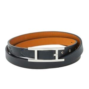 Pre Owned Hermès Hapi 3 Black Leather Palladium Plated Wrap Bracelet S