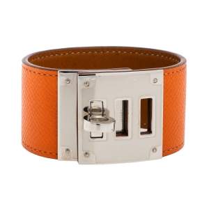 Pre Owned Hermes Kelly Dog Orange Epsom Leather Palladium Plated Wide Bracelet