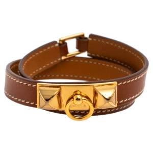 Pre Owned Hermès Brown Leather Rivale Double Tour Bracelet M