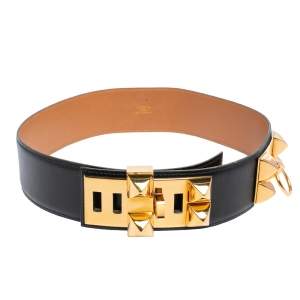 Pre Owned Hermes Noir Box Leather Gold Hardware Collier de Chien Belt 70 CM