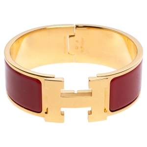 Pre Owned Hermès Clic Clac H Red Enamel Gold Plated Wide Bracelet PM