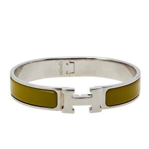 Pre Owned Hermès Clic H Green Enamel Palladium Plated Narrow Bracelet PM 