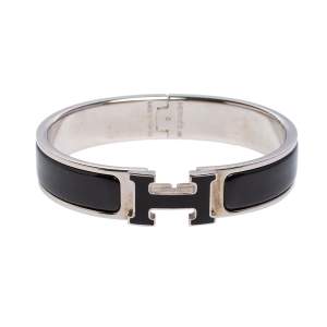 Pre Owned Hermès Clic H Black Enamel Palladium Plated Narrow Bracelet PM 