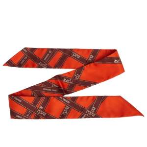 Pre Owned Hermes Orange & Brown Logo Ribbon Bolduc Silk Twilly 