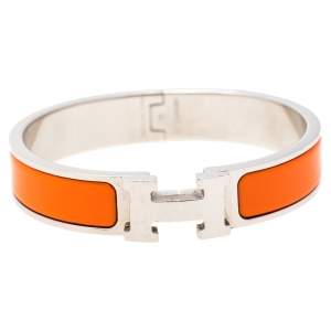 Pre Owned Hermès Clic H Orange Enamel Palladium Plated Narrow Bracelet PM 