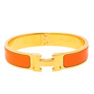 Pre Owned Hermès Clic H Orange Enamel Gold Plated Narrow Bracelet PM