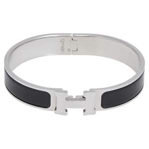 Pre Owned Hermes Clic H Black Enamel Palladium Plated Narrow Bracelet PM