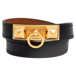 Pre Owned Hermes Black Leather Gold Plated Rivale Double Tour Bracelet XS