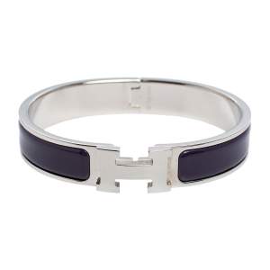 Pre Owned Hermès Clic H Purple Enamel Palladium Plated Narrow Bracelet PM 