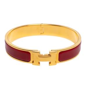 Pre Owned Hermès Clic H Red Enamel Gold Plated Narrow Bracelet PM