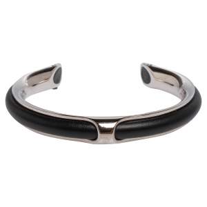 Pre Owned Hermès Black Leather Palladium Plated Kyoto Cuff Bracelet
