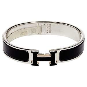 Pre Owned Hermes Clic H Black Enamel Palladium Plated Narrow Bracelet PM