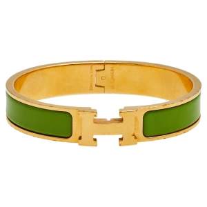 Hermès Clic H Green Enamel Palladium Plated Narrow Bracelet PM 