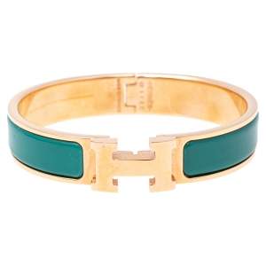 Pre Owned Hermès Clic H Green Enamel Gold Plated Narrow Bracelet PM 