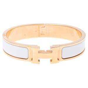 Pre Owned Hermès Clic H White Enamel Rose Gold Plated Narrow Bracelet PM 