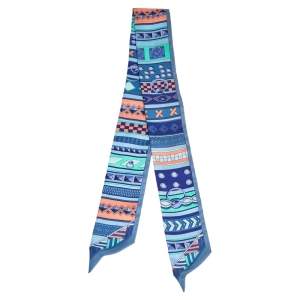 Pre Owned Hermès Blue Striped Motif Print Silk Twilly
