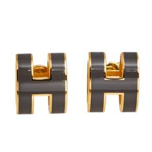 Pre Owned Hermès Pop H Grey Lacquered Gold Plated Stud Earrings