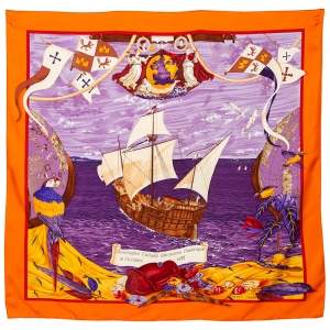 Pre Owned Hermes Orange Christophe Colomb Découvre l'Amerique Silk Square Scarf