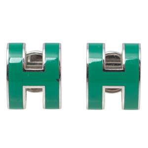Hermes Pop H Palladium Plated Green Lacquer Stud Earrings