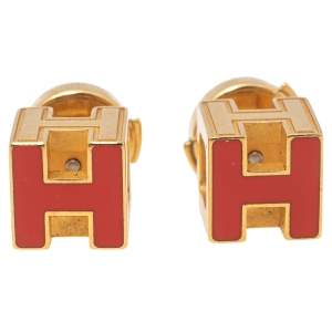 Hermes Cage d'H Gold Plated Red Lacquer Stud Earrings