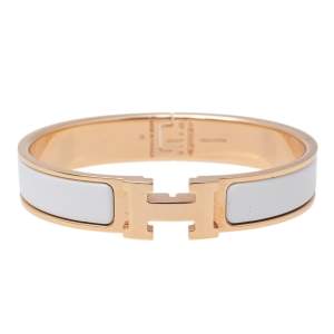 Pre Owned Hermès Clic H White Enamel Rose Gold Plated Narrow Bracelet PM